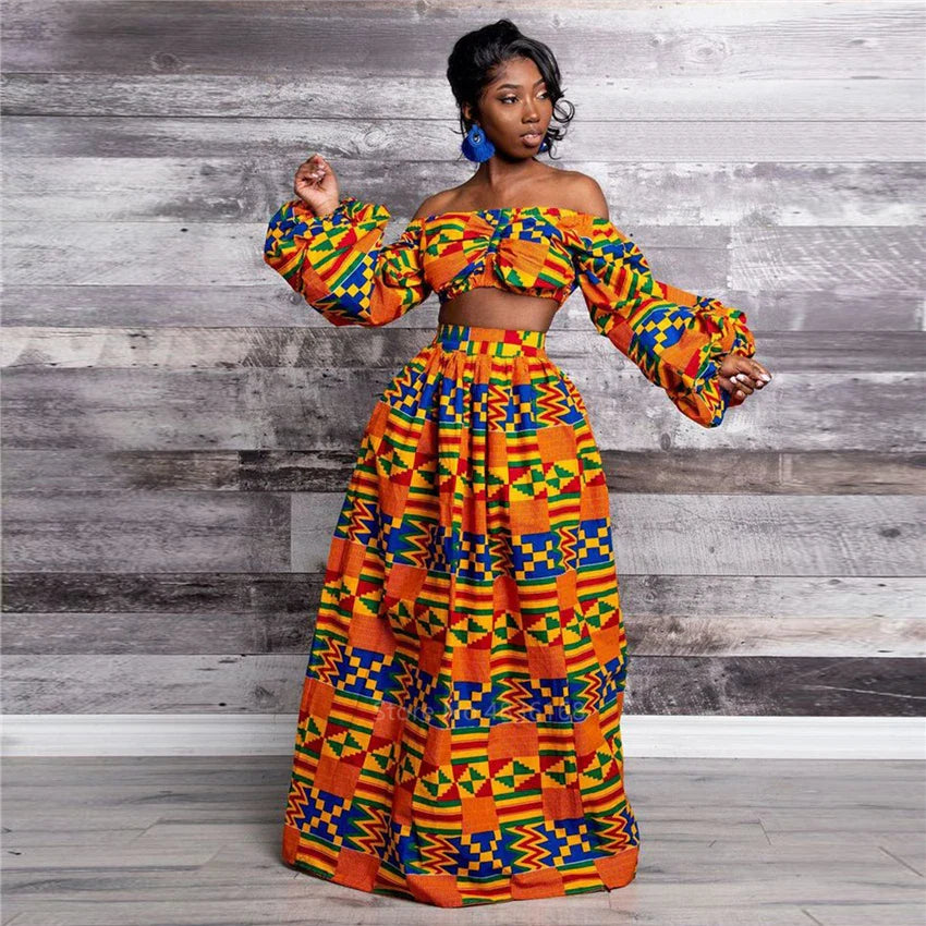 Women's Autumn African Dashiki 2-Piece Set Full Sleeve Off Shoulder Top with Feather Print and Split Skirt Traditional Ethnic Clothing