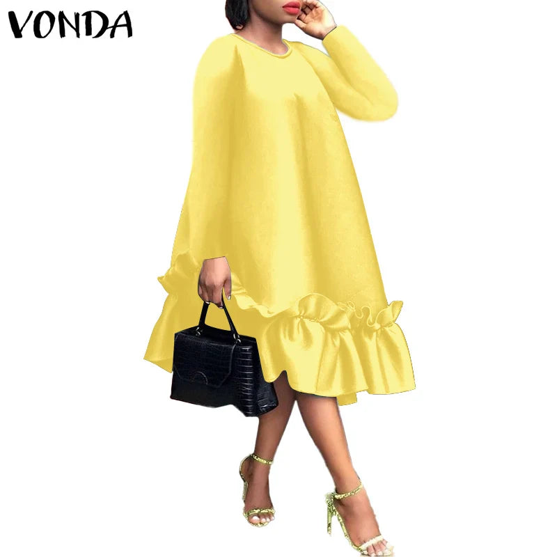 Elegant Ruffled Midi Dress For Women Long Sleeve Sundress