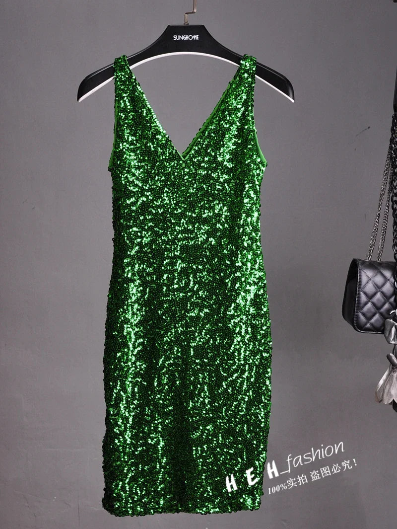 Sequin Dress Sleeveless Backless V Neck Party Nightclub