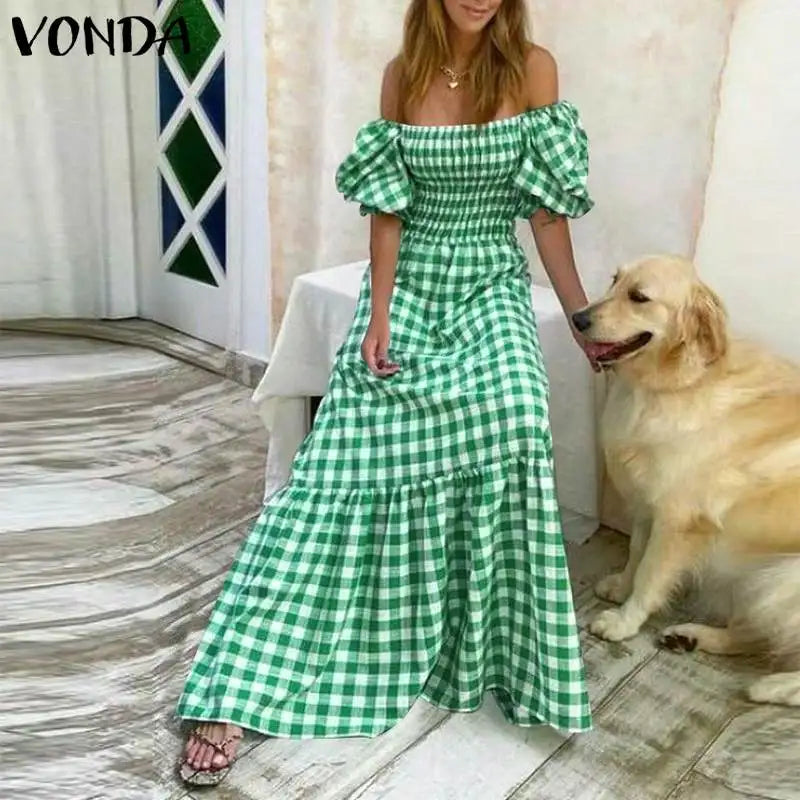 Boho Plaid Maxi Dress With Short Puff Sleeve For Summer