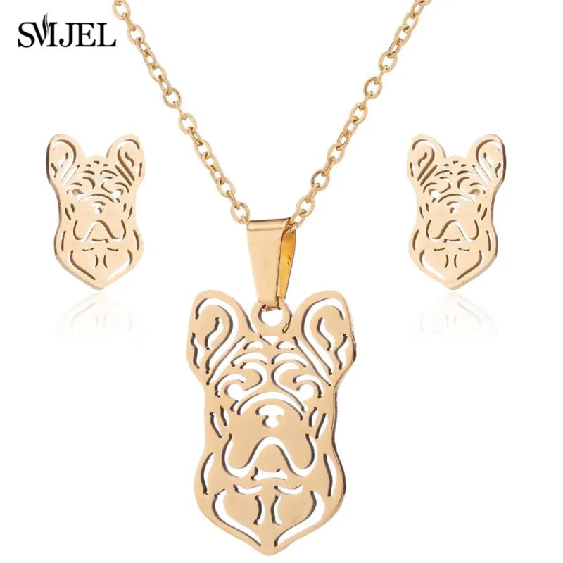 Stainless Steel Dog Paw Necklace and Earring Set for Women Cute Cat Pendant Jewelry Gift