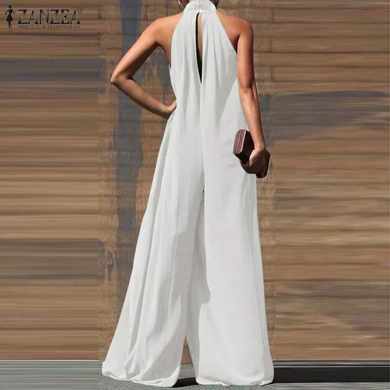 Elegant Sleeveless Wide Leg Jumpsuit for Women Party Casual Holiday Maxi Romper with Stand Collar and Back Button Closure