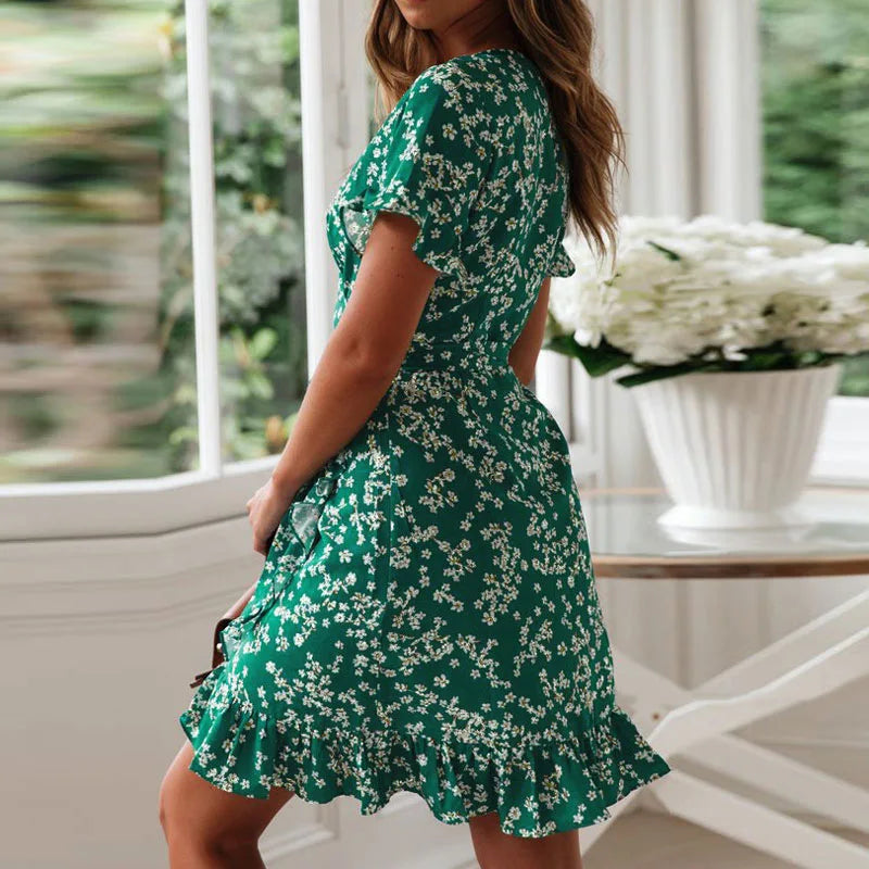 Boho Floral Sundress With Ruffles V Neck Chiffon Mini Dress