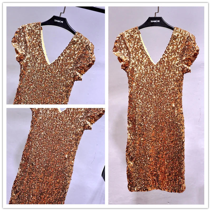 V Neck Sequin Stage Dress For Performance Glittering Look