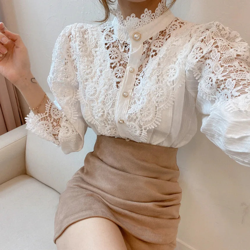 Elegant Hollow Out Long Sleeve Women Blouse with Petal Sleeves and Stand Collar, Stylish Office Shirt for Autumn Fashion