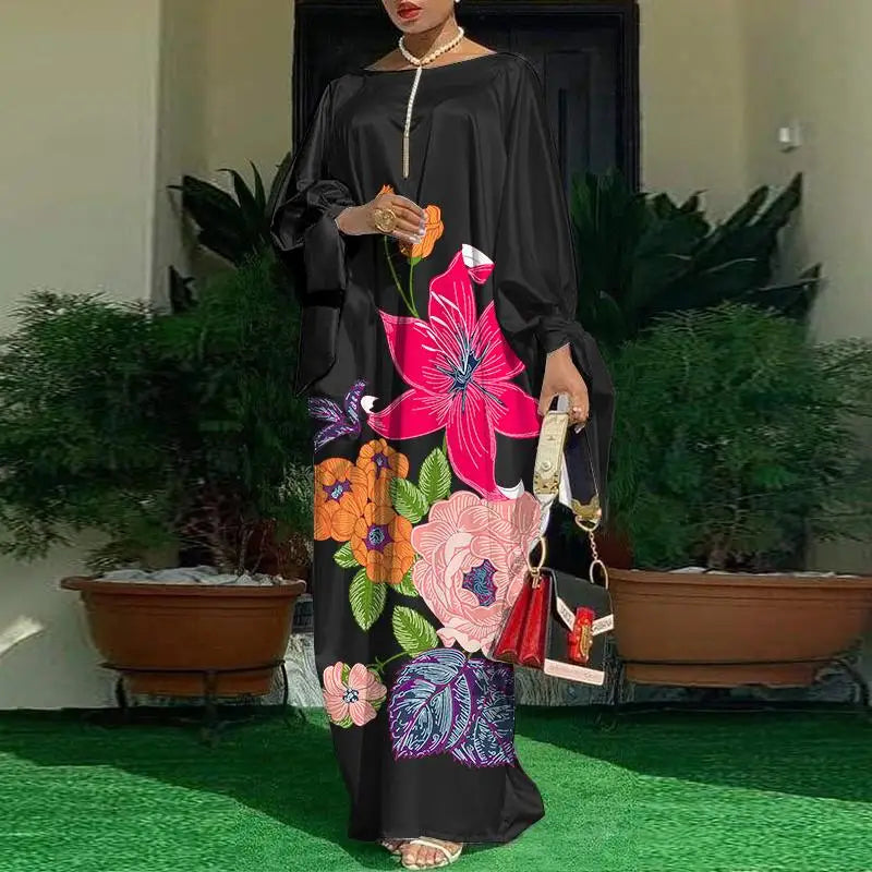 Floral Bohemian Maxi Dress Satin Silk Look Elegant Summer