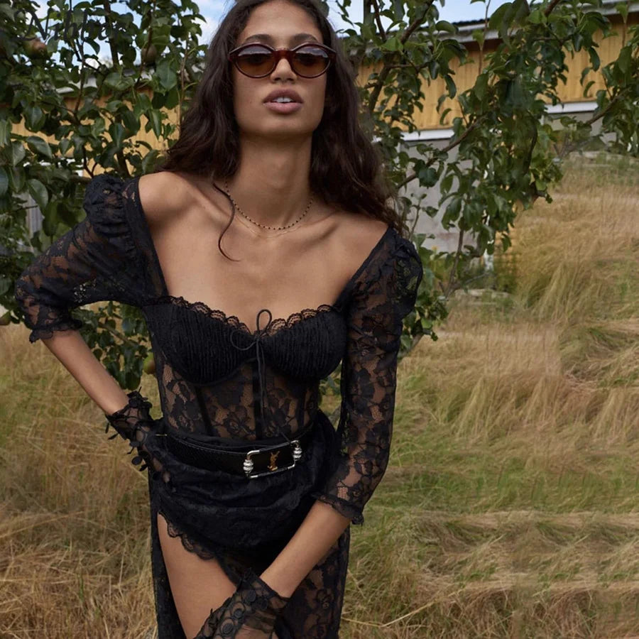 Sexy Hollow Lace Bodycon Long Dress For Women See Through