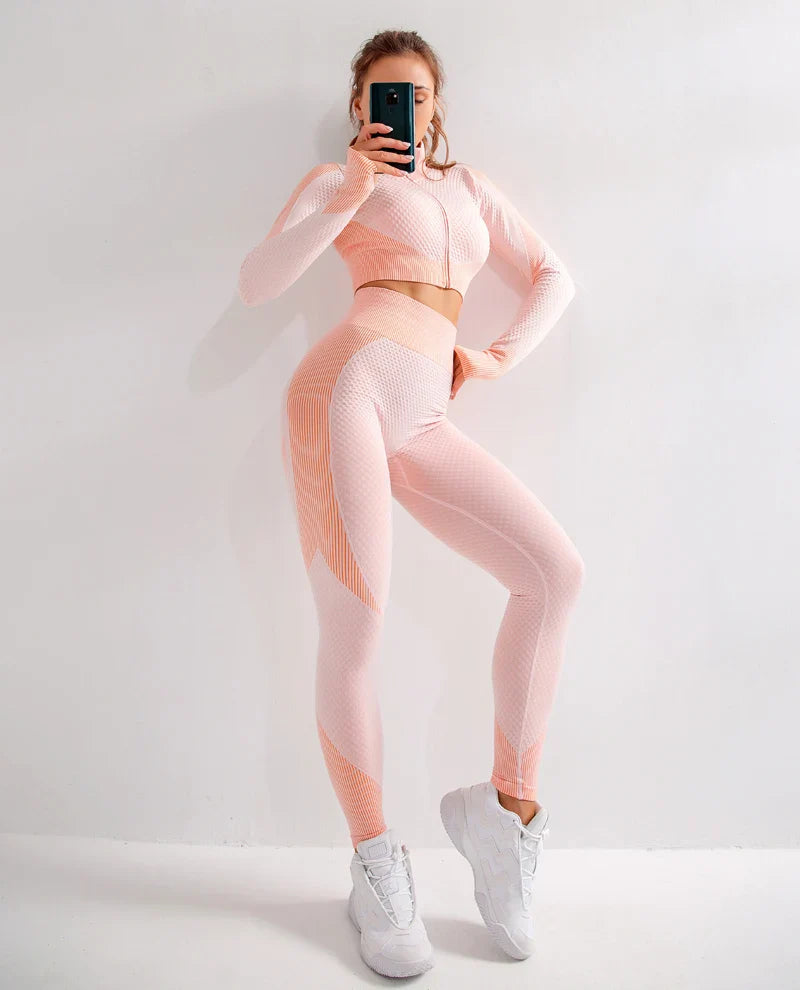 Seamless Women Yoga Suit with High Waist Leggings and Long Sleeve Crop Top Fitness Set