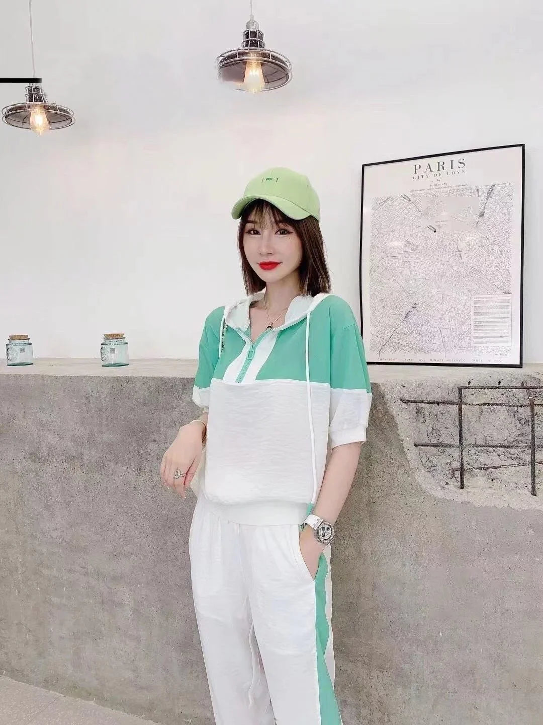 Women's Casual Loose Fit Tracksuit Set with Short Sleeve Hooded Top and High Waist Pants