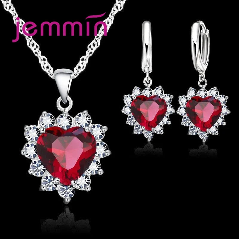 925 Sterling Silver Heart Pendant and Hoop Earrings Jewelry Set for Engagement and Anniversary Gifts