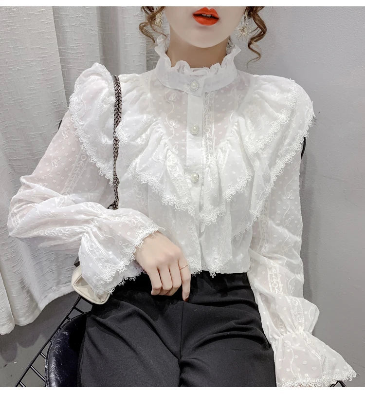 Elegant Women Long Sleeve Loose Button Shirt with Stand Collar Pleated Design Ruffle Lace Blouse Casual Spring Fashion Top