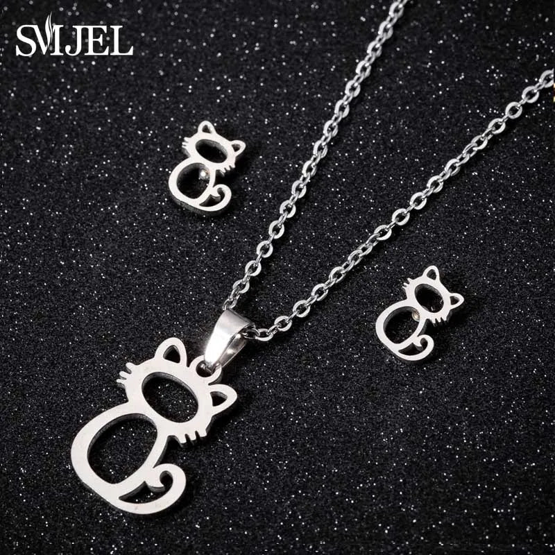 Stainless Steel Dog Paw Necklace and Earring Set for Women Cute Cat Pendant Jewelry Gift