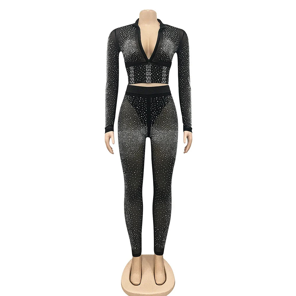 Sexy Black Diamond Crystal Pant Set for Women with Long Sleeve Zipper Top and Sheer Pants Suit for Parties and Clubs