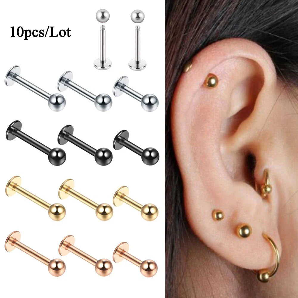 12 Piece Surgical Steel Piercing Jewelry Set with Gold Plated Black Rainbow Ear Nose and Eyebrow Labret 8mm