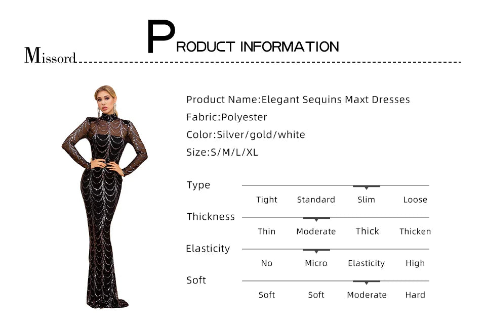 Sequin Maxi Dress Sheer Long Sleeve Evening Gown High Neck