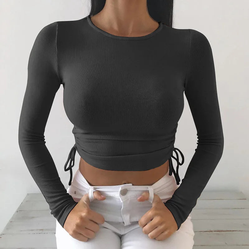 Sexy O-Neck Long Sleeve Bodycon Cropped Top with Irregular Drawstring Bandage Design for Women