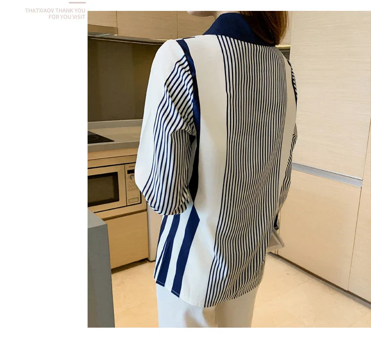 Women's Blue Striped Long Sleeve Shirt Button Up Polo Neck Blouse Casual Leisure Top