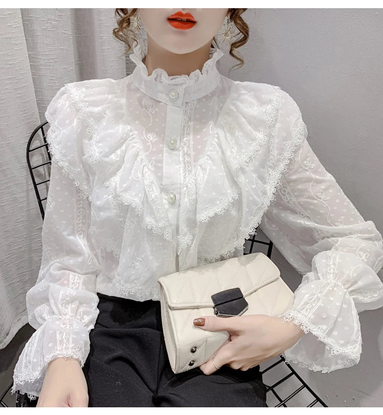 Elegant Women Long Sleeve Loose Button Shirt with Stand Collar Pleated Design Ruffle Lace Blouse Casual Spring Fashion Top