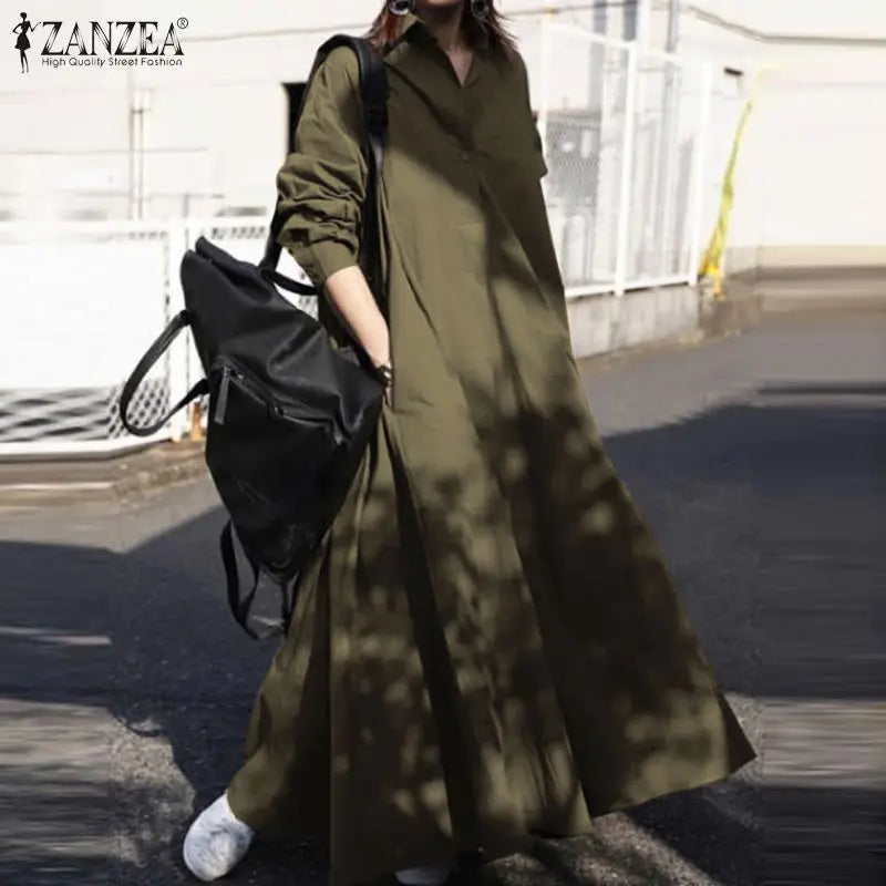 Womens Long Sleeve Maxi Dress With Button Front Pockets