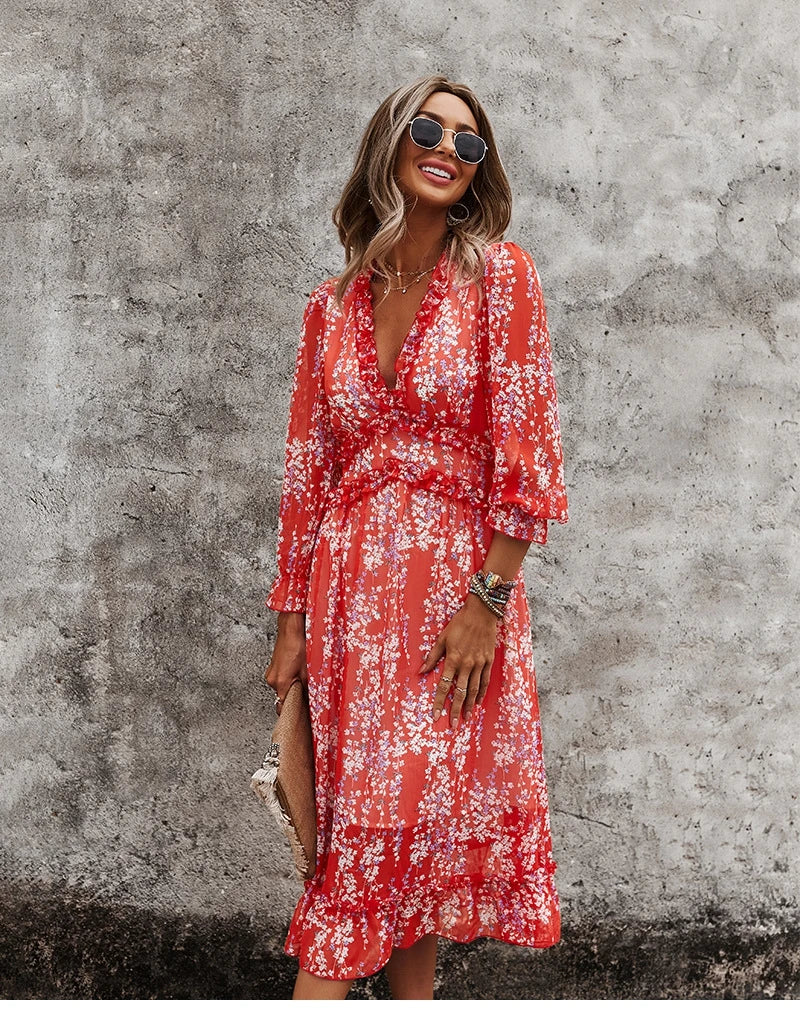 Floral Chiffon Maxi Dress With V Neck And Butterfly Sleeves