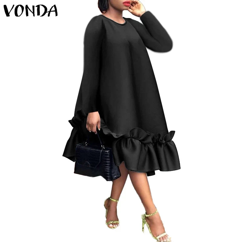 Elegant Ruffled Midi Dress For Women Long Sleeve Sundress