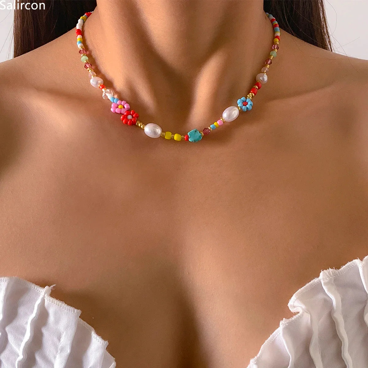 Baroque Simulated Pearl Colorful Flower Beaded Choker Necklace for Women and Girls