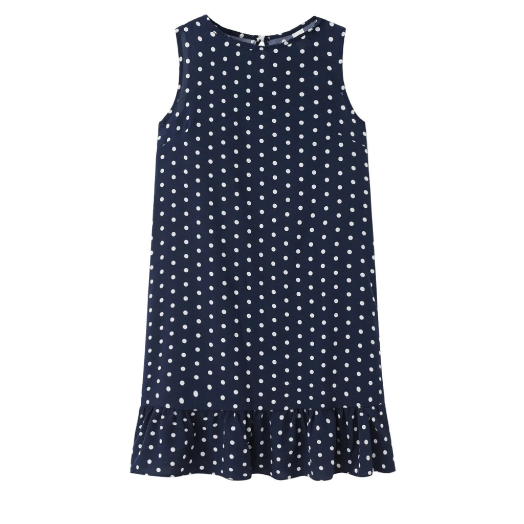 Polka Dot Dress Ruffled Sleeveless Women Round Neck