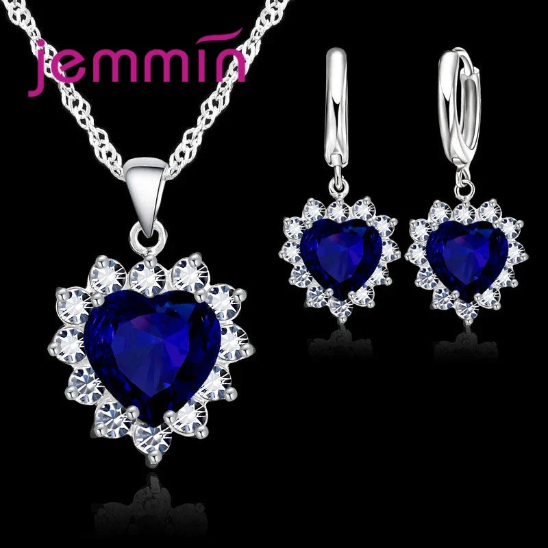 925 Sterling Silver Heart Pendant and Hoop Earrings Jewelry Set for Engagement and Anniversary Gifts