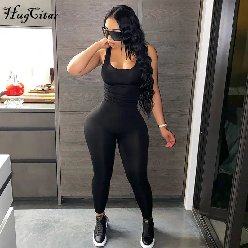 Sleeveless Hollow Out Solid Bodycon Jumpsuit Women Summer Fashion Streetwear Romper Sportswear