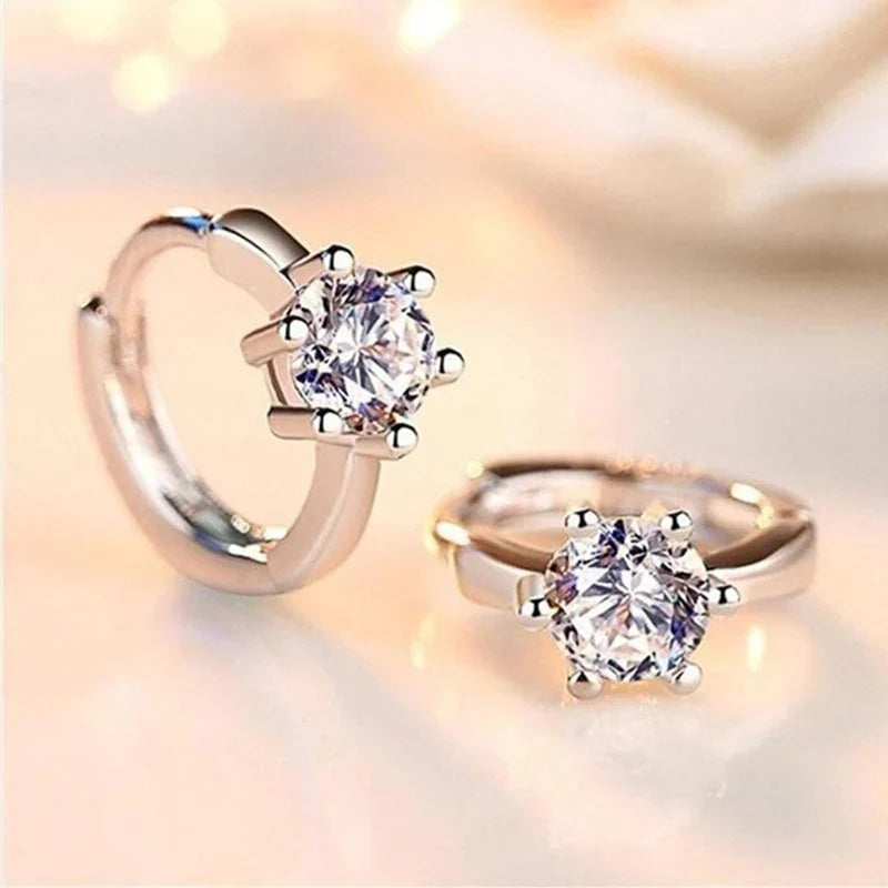 Simple Small Hoop Earrings with Classic 6 Prong Solitaire Shiny Zircon Elegant Design for Daily Wear