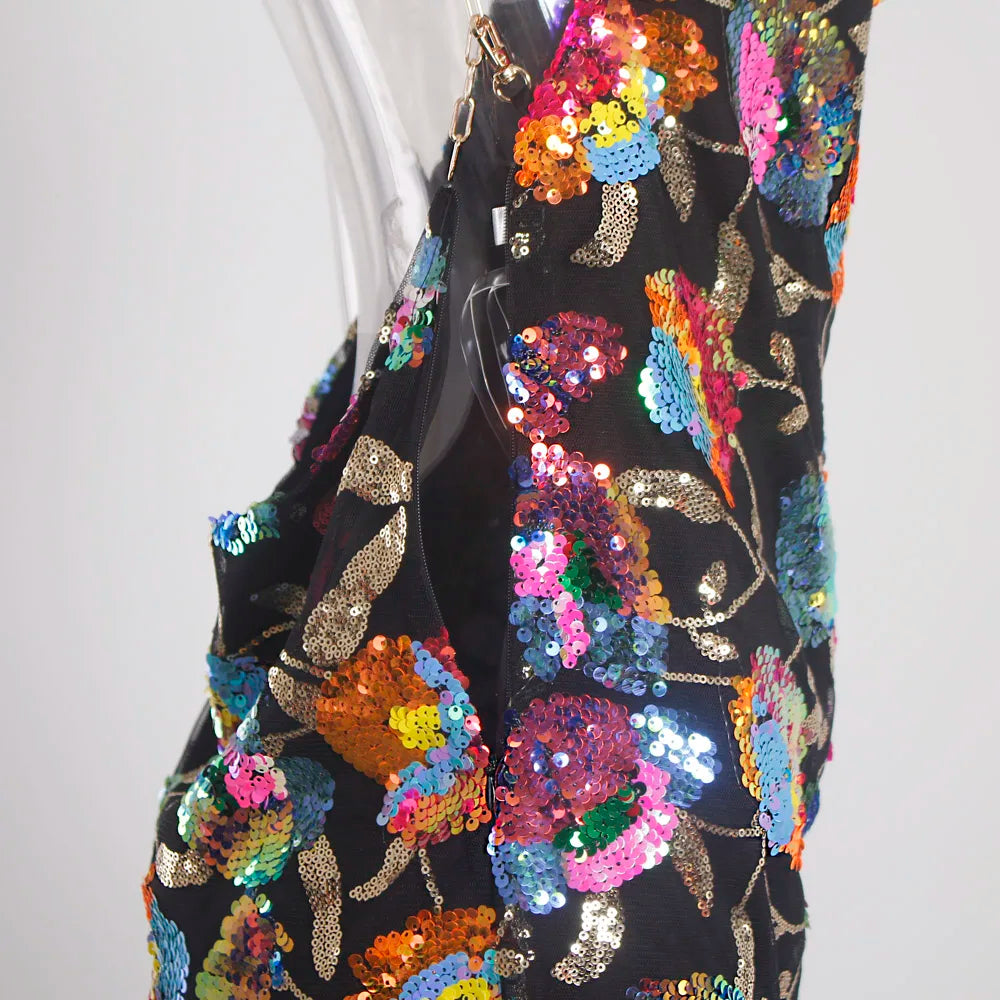 Floral Sequined Backless Mini Dress For Night Out Clubbing