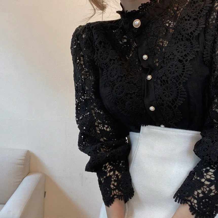 Elegant Hollow Out Long Sleeve Women Blouse with Petal Sleeves and Stand Collar, Stylish Office Shirt for Autumn Fashion
