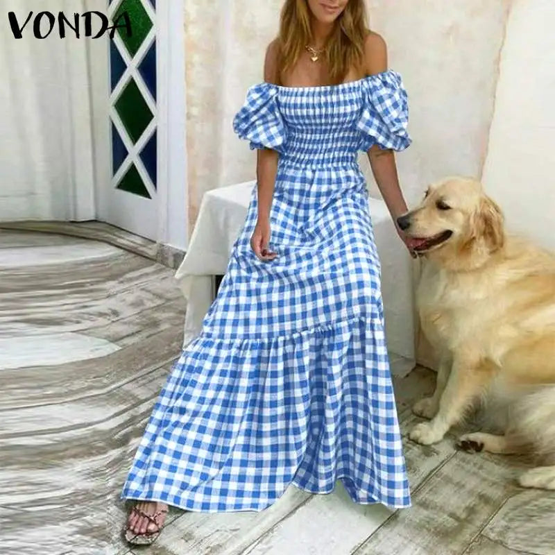 Boho Plaid Maxi Dress With Short Puff Sleeve For Summer