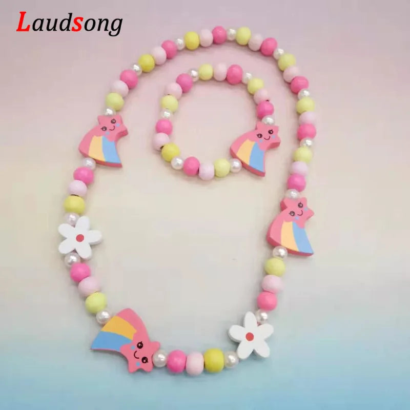Colorful Cartoon Unicorn Wooden Jewelry Set for Kids Necklace and Bracelet Gifts