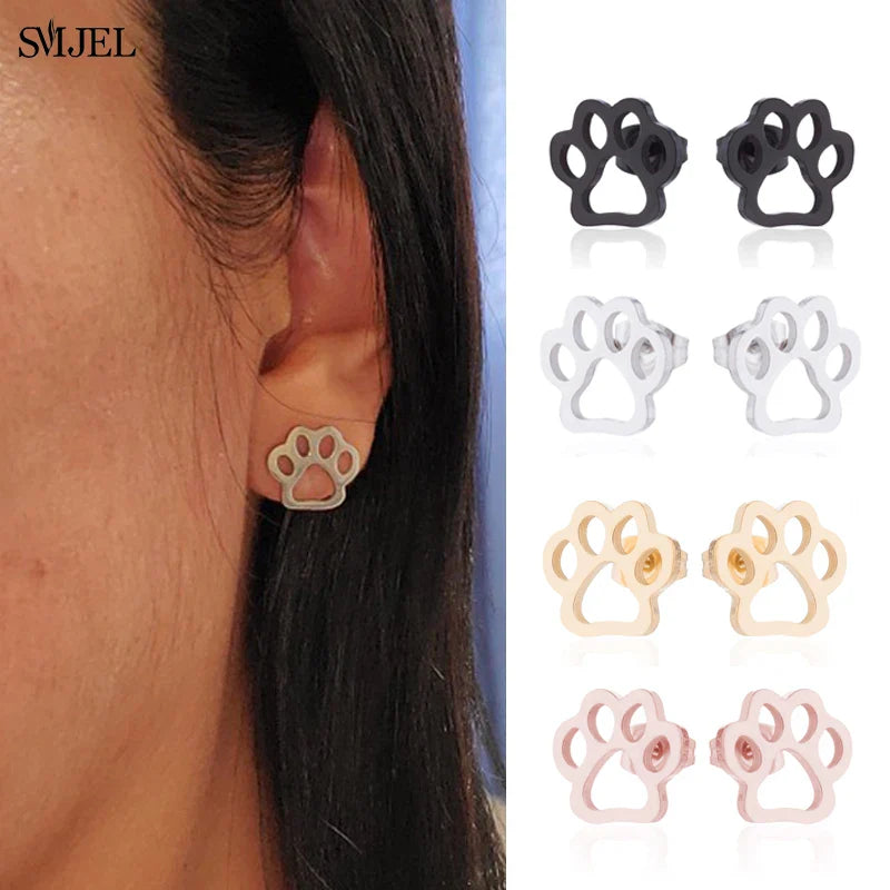 Stainless Steel Dog Paw Necklace and Earring Set for Women Cute Cat Pendant Jewelry Gift