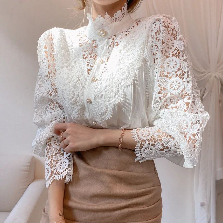 Elegant Hollow Out Long Sleeve Women Blouse with Petal Sleeves and Stand Collar, Stylish Office Shirt for Autumn Fashion