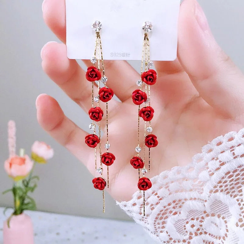 Vintage Red Rose Drop Earrings with Rhinestone Flowers for Weddings and Engagement Parties