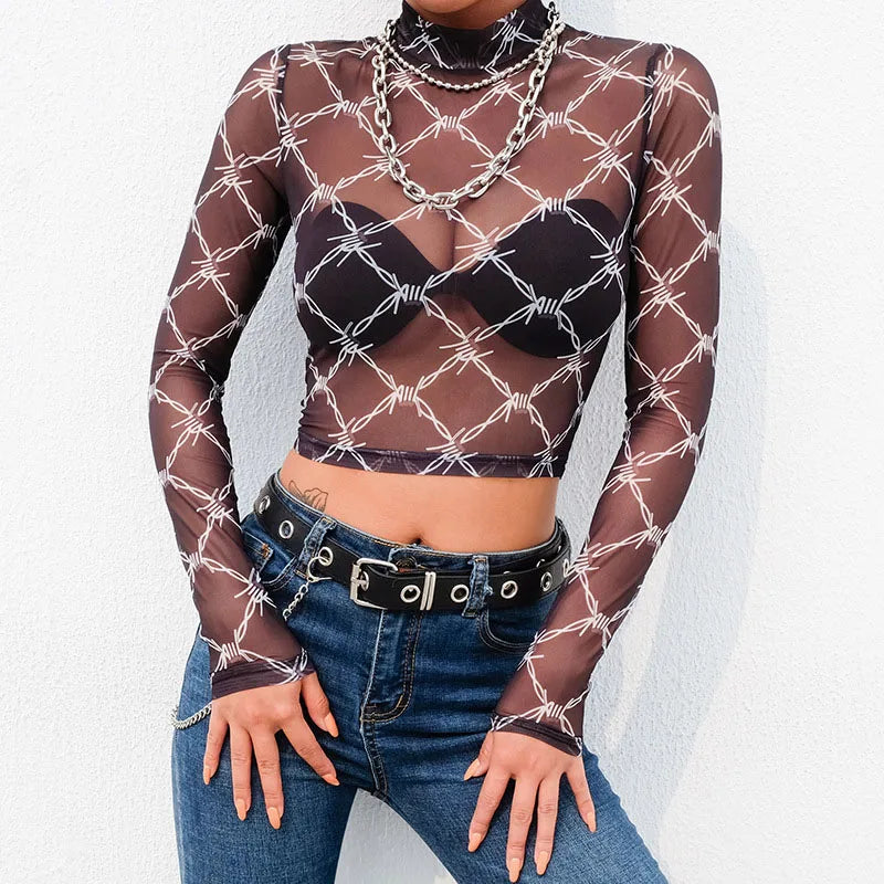 Sexy Long Sleeve Mesh Crop Top with Chain Print for Women - Vintage Fishnet Streetwear Tee Shirt