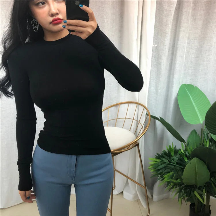 Slim Fit Long Sleeve Casual T Shirt for Women in Korean Style