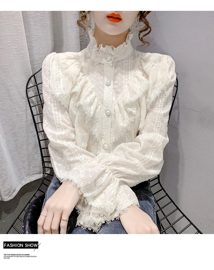 Elegant Women Long Sleeve Loose Button Shirt with Stand Collar Pleated Design Ruffle Lace Blouse Casual Spring Fashion Top