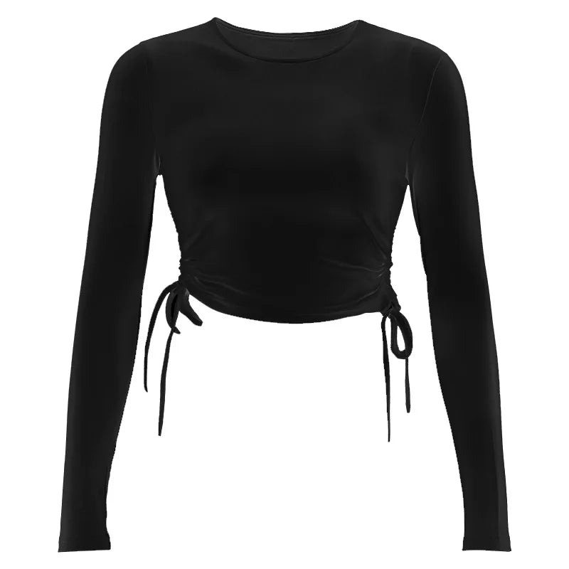 Sexy O-Neck Long Sleeve Bodycon Cropped Top with Irregular Drawstring Bandage Design for Women