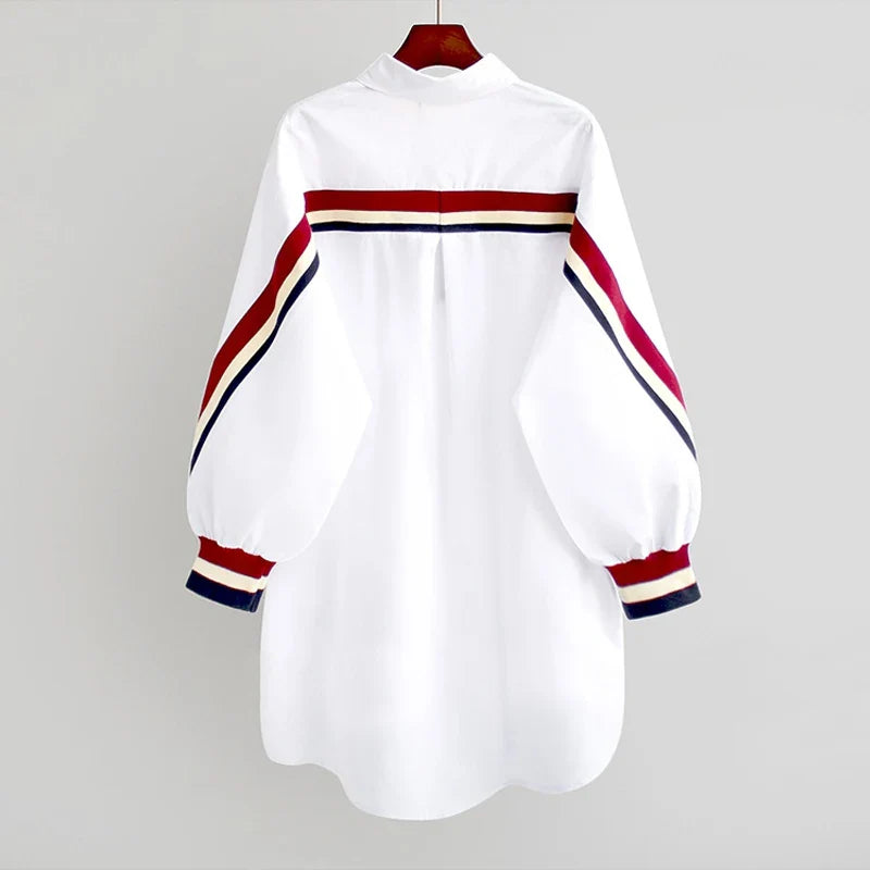 White Oversized Loose Button-Up Stripe Bandage Shirt for Women Long Sleeve Turn-Down Collar Woven Blouse Plus Size Ladies Top