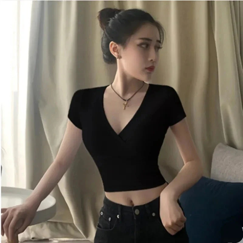 Summer Fashion Solid V Neck T Shirts for Women Casual Short Sleeve Crop Tops Black Tees