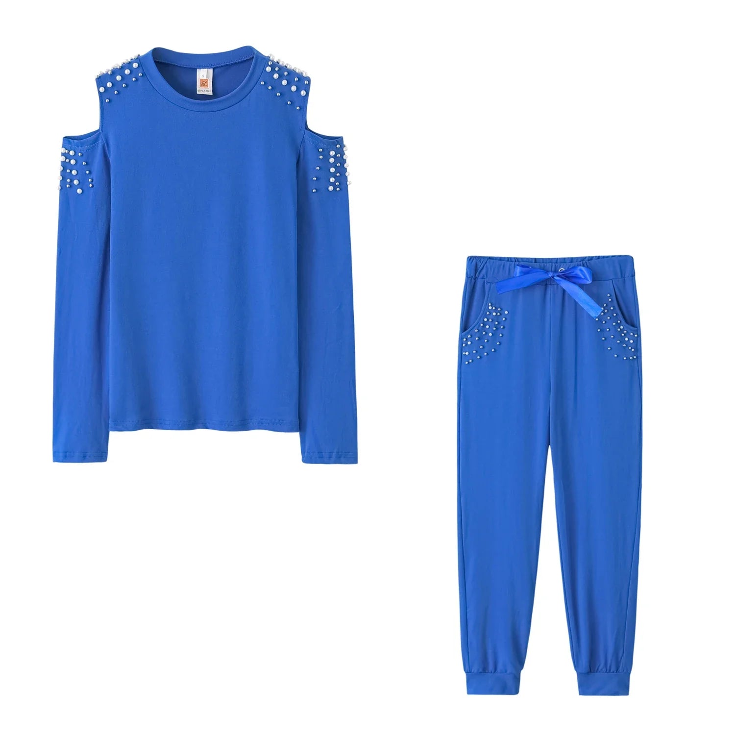 Off the Shoulder Sexy Stud Bead Solid Color Long Sleeve Sports Set