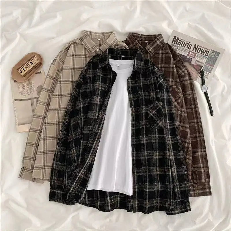 Vintage Plaid Oversize Button Up Shirt for Women Long Sleeve Casual Fall Outwear Top Blusas Mujer