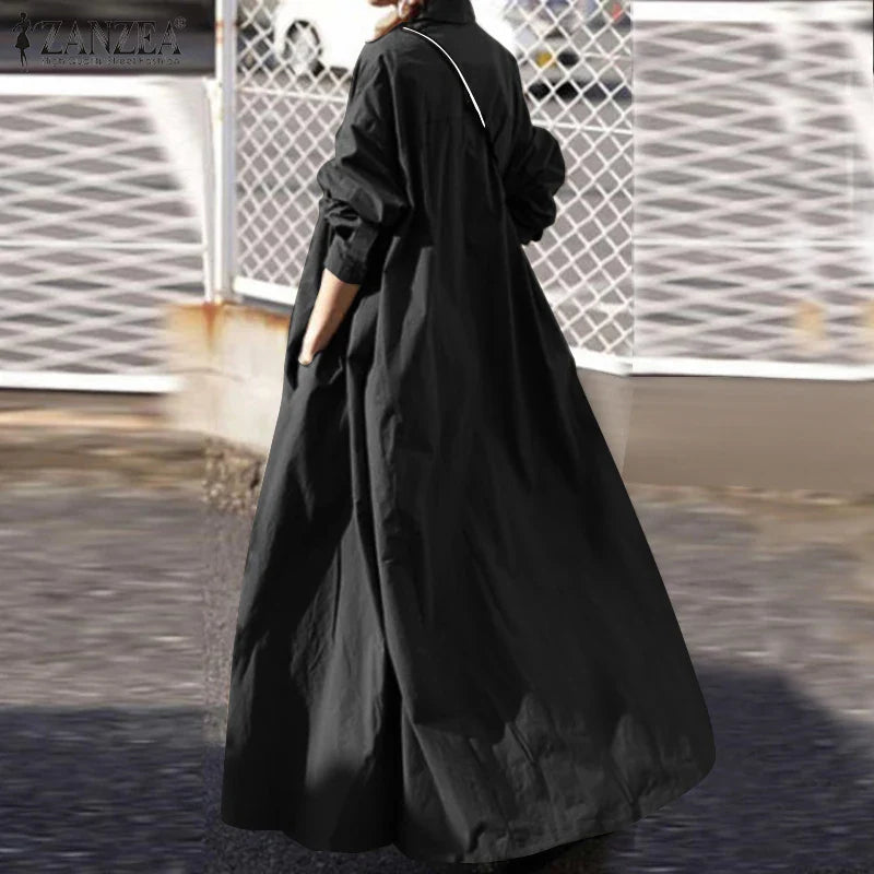 Womens Long Sleeve Maxi Dress With Button Front Pockets