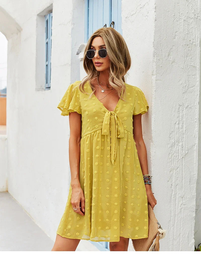 Bandage Dress For Women Solid High Waist Short Sleeve