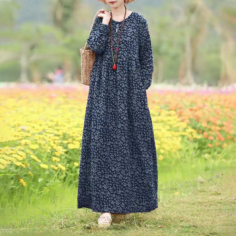 Floral Print Maxi Dress With Long Sleeves O Neck Boho Style