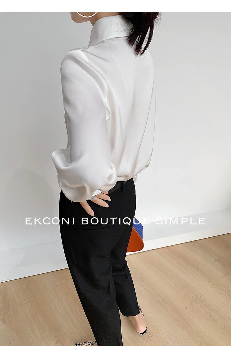 Elegant Turn Down Collar Satin Silk Blouse Vintage Button Closure White Lantern Sleeve Office Lady Shirt Chic Feminine Top