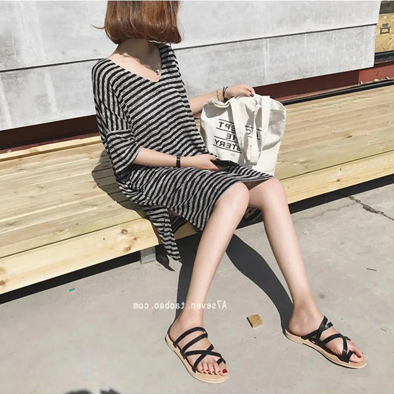 Summer Women's Striped T-Shirt Dress Loose Fit Short Sleeve Casual Tee for Home Wear